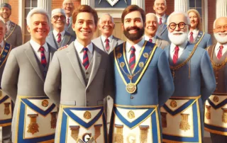 Diverse group of Freemasons standing in front of a Masonic lodge wearing traditional regalia