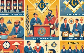 Freemasons engaging in community service, fellowship, rituals, and personal growth, with a traditional Masonic lodge in the background