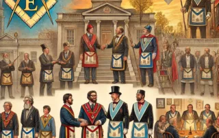 Freemasons progressing from Apprentice to Master, featuring initiation, learning, rituals, and advancement, with Masonic symbols and a lodge in the background