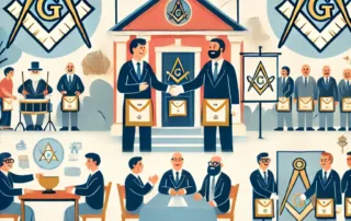 Freemason symbols - Freemasons engaged in rituals, community service, and learning with Masonic symbols and a traditional lodge in the background