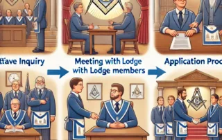 Steps to join a Masonic lodge including initial inquiry, meeting with lodge members, application process, and initiation ceremony