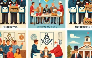 Freemasons engaged in charitable activities such as organizing food drives, fundraising events, and community service with Masonic symbols and a traditional lodge in the background