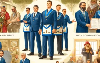 Diverse male Freemasons engaging in community service, cultural events, educational programs, and local collaborations with a traditional Masonic lodge and community landmarks in the background