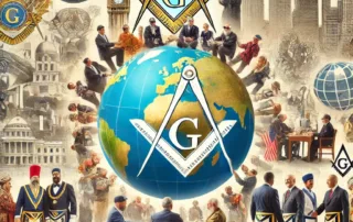 Freemasons from different cultures and ethnic backgrounds engaging in international collaborations, cultural exchanges, and global community service projects with diverse architectural landmarks and Masonic symbols in the background