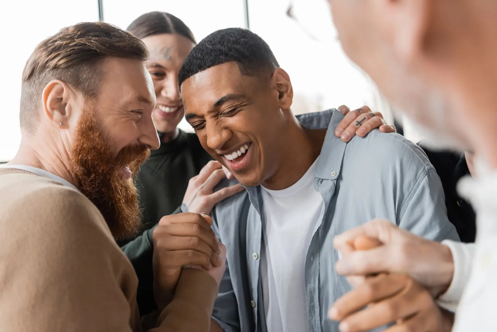 Joyful men reflecting the camaraderie of Freemasonry.