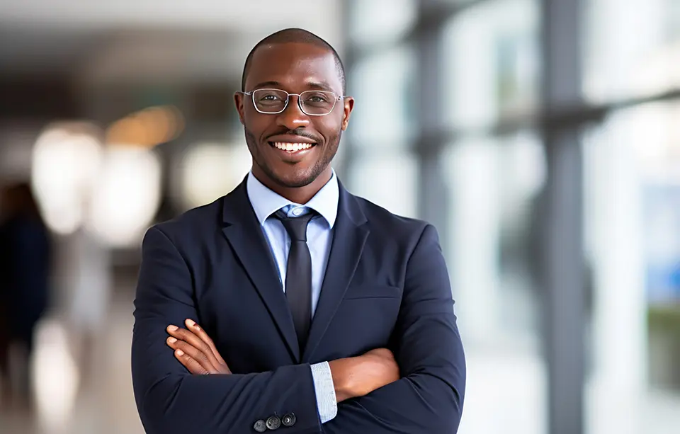 Smiling Freemason executive with arms crossed, standing confidently in an office environment