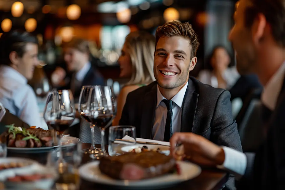 Freemason businessmen enjoying a steak dinner together in a restaurant, symbolising fraternity and camaraderie